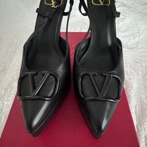Valentino* Black Leather Platform Slingback Heels